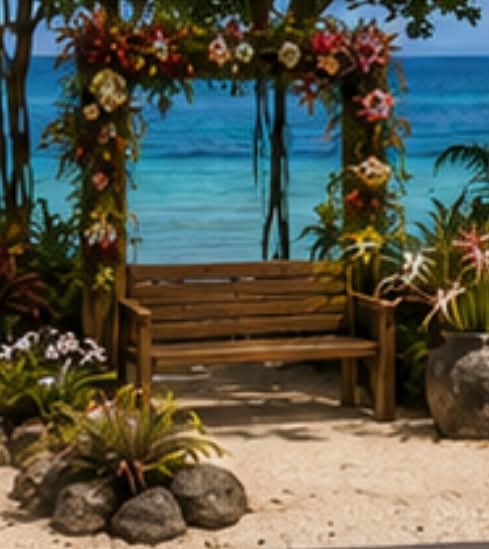 Wooden bench under a floral arch looking out to turquoise ocean.