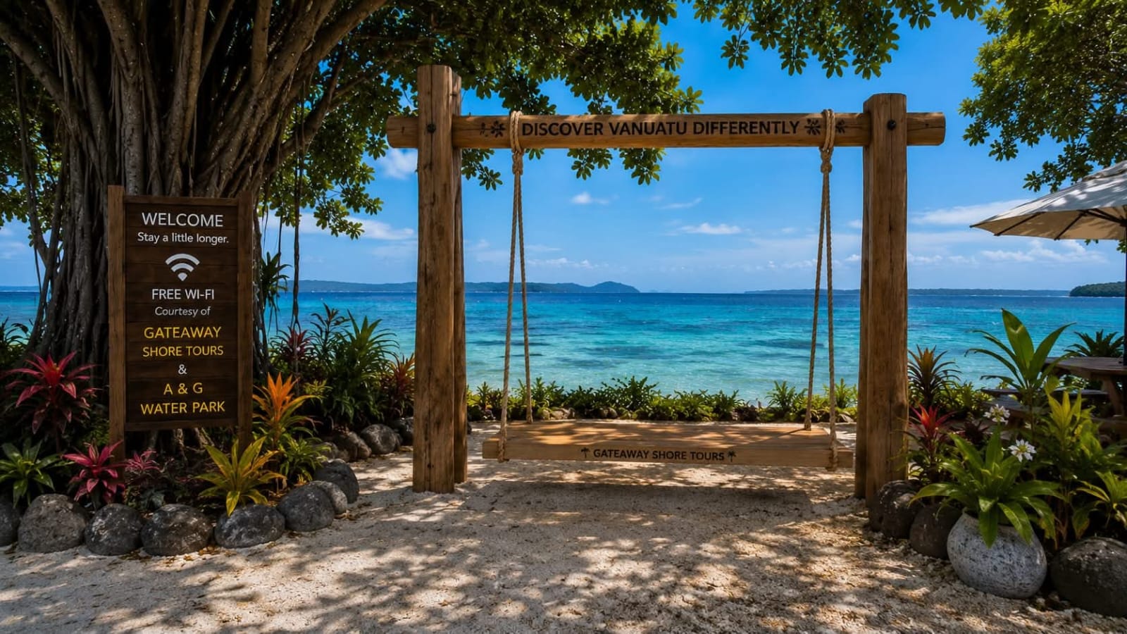 Wooden ocean swing facing Fatumaru Bay, framed by tropical trees and a welcome sign for A&G Water Park and Gateaway Shore Tours.