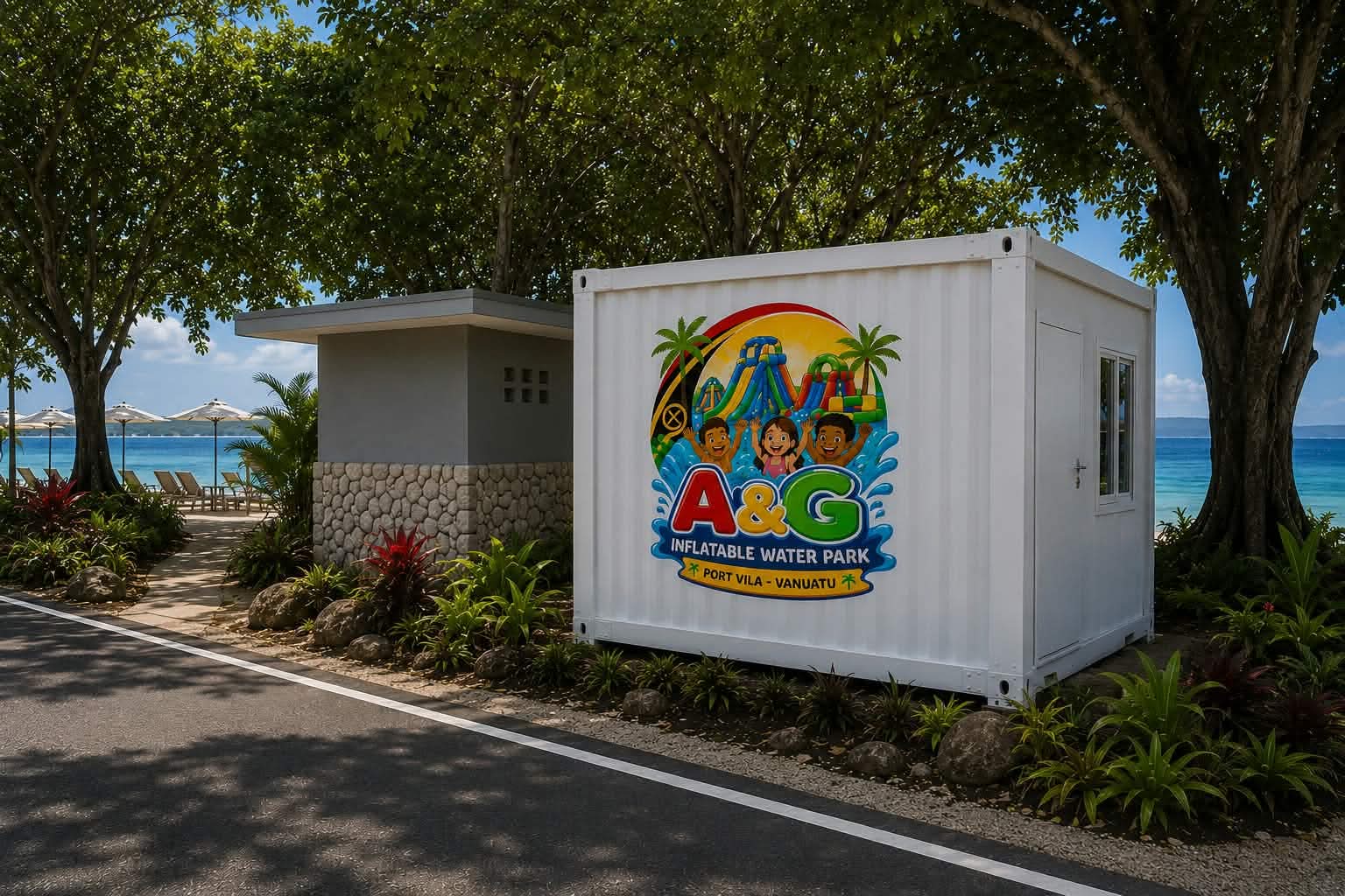 A&G Inflatable Water Park ticket office in a white container, with the colourful Port Vila logo and Fatumaru Bay behind.