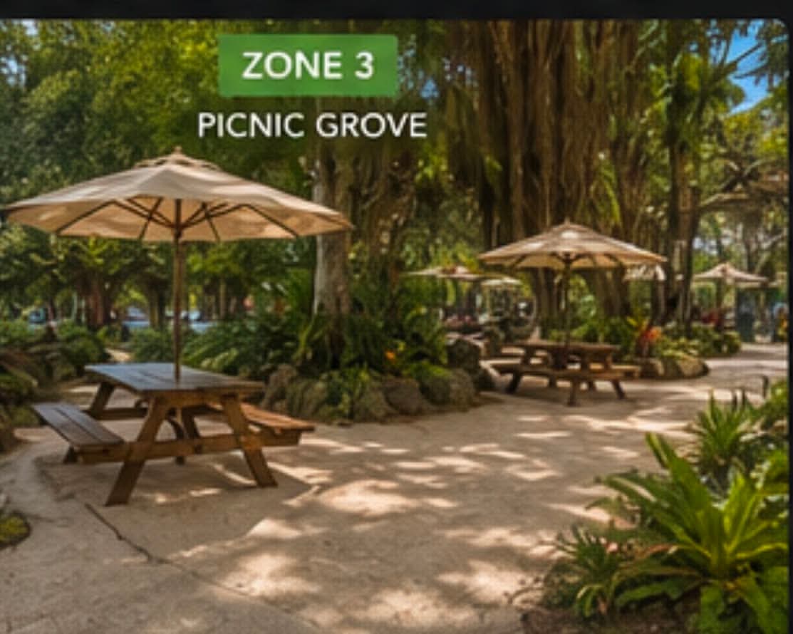 Zone 3 Picnic Grove with wooden tables, cream umbrellas, and dense tropical shade.