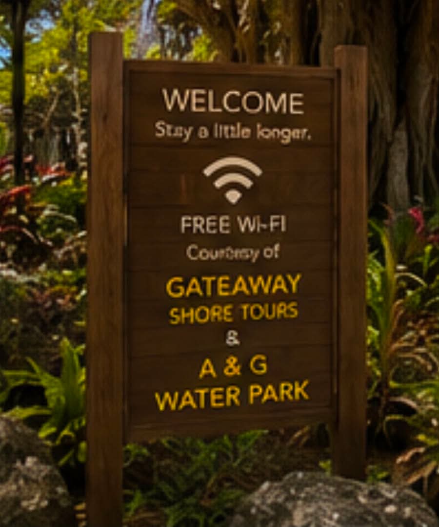 Wooden welcome sign offering free Wi-Fi from Gateaway Shore Tours and A&G Water Park.